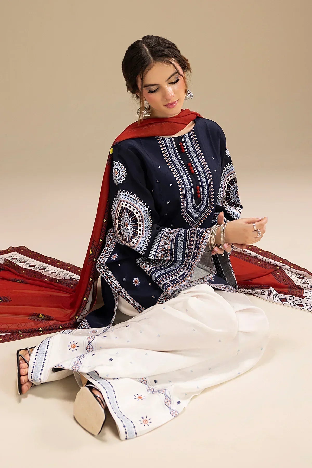 JAZMIN - 3PC DHANAK EMBROIDERED SHIRT WITH TWILL PRINTED SHAWL AND TROUSER
