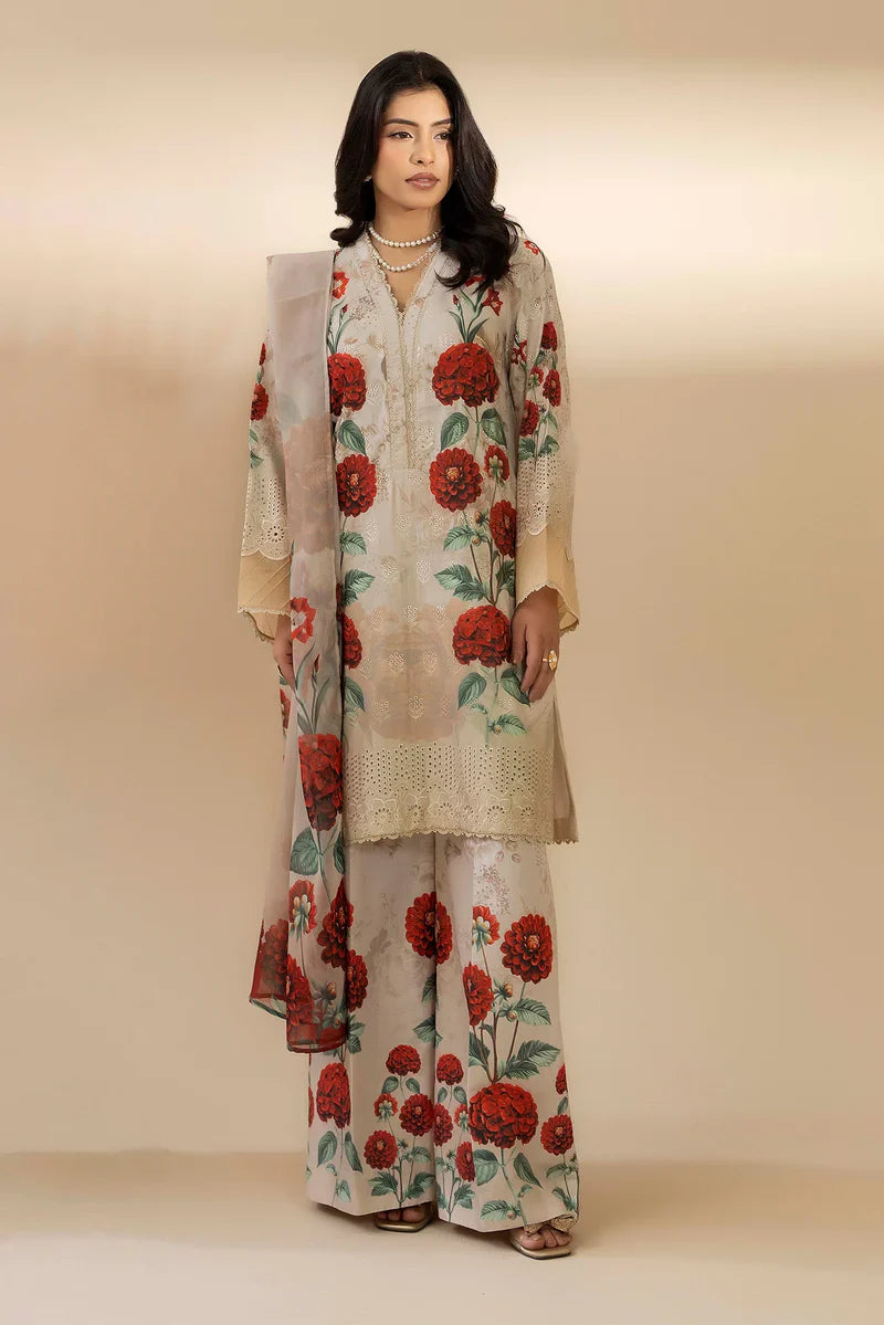 Unstitched Rose printed Chikankari Embroidered Lawn 3 Piece Suit