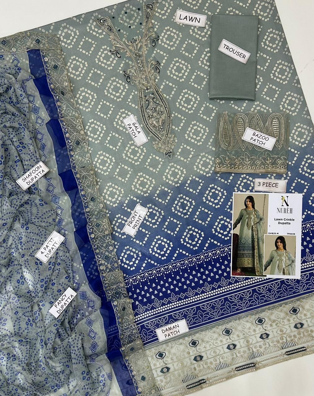 Nureh-Embroidered Lawn 3pc Suit
