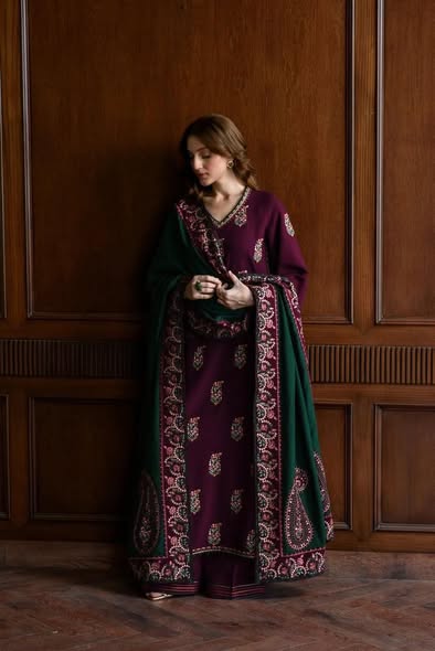 3PC UNSTITCH DHANAK EMBROIDERED SHIRT WITH DHANAK EMBROIDERED SHAWL AND TROUSER- 678