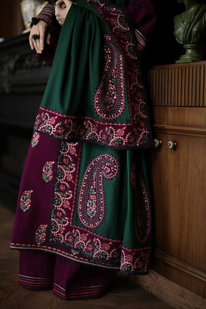 3PC UNSTITCH DHANAK EMBROIDERED SHIRT WITH DHANAK EMBROIDERED SHAWL AND TROUSER- 678