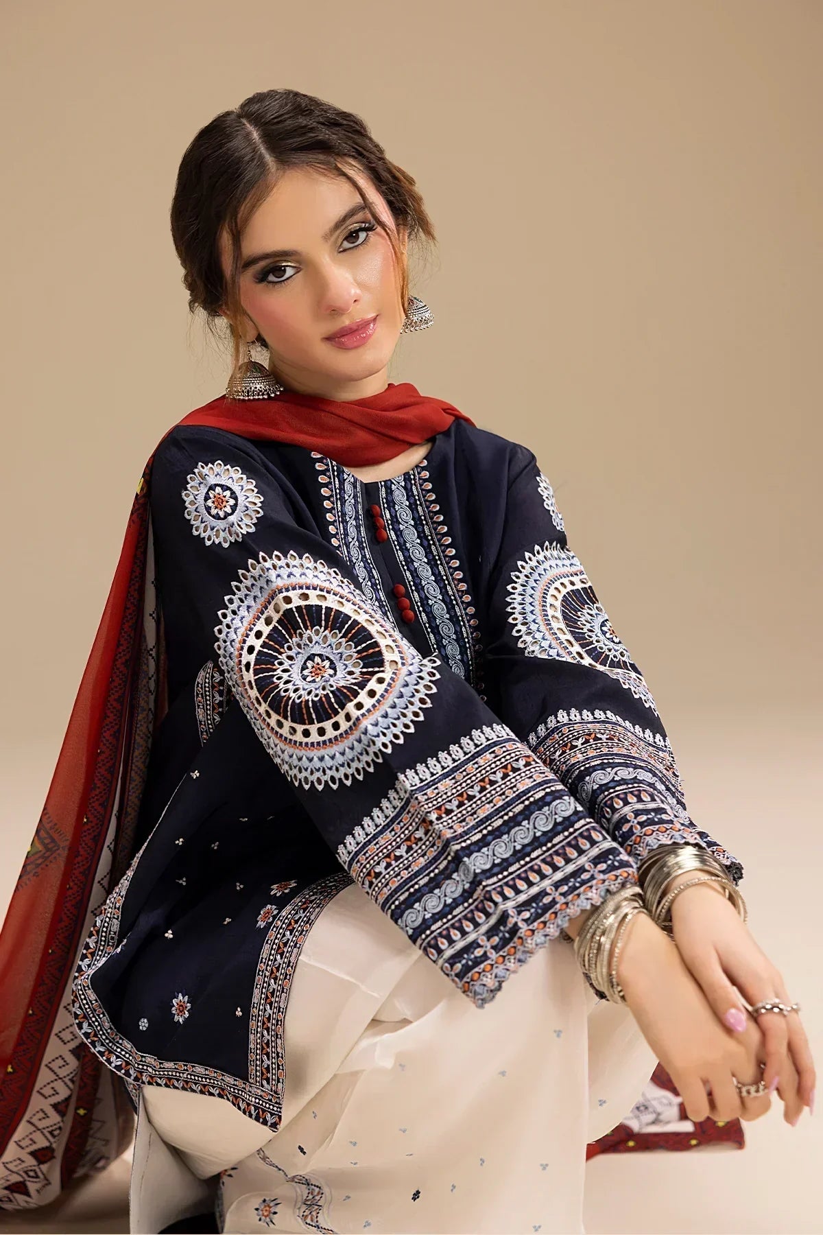 JAZMIN - 3PC DHANAK EMBROIDERED SHIRT WITH TWILL PRINTED SHAWL AND TROUSER