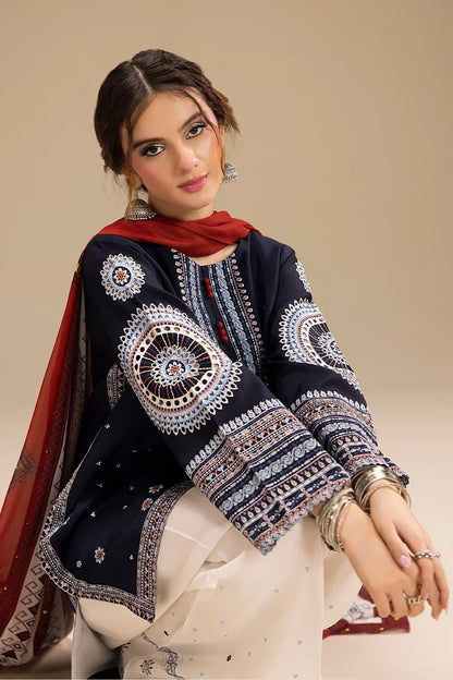 JAZMIN - 3PC DHANAK EMBROIDERED SHIRT WITH TWILL PRINTED SHAWL AND TROUSER