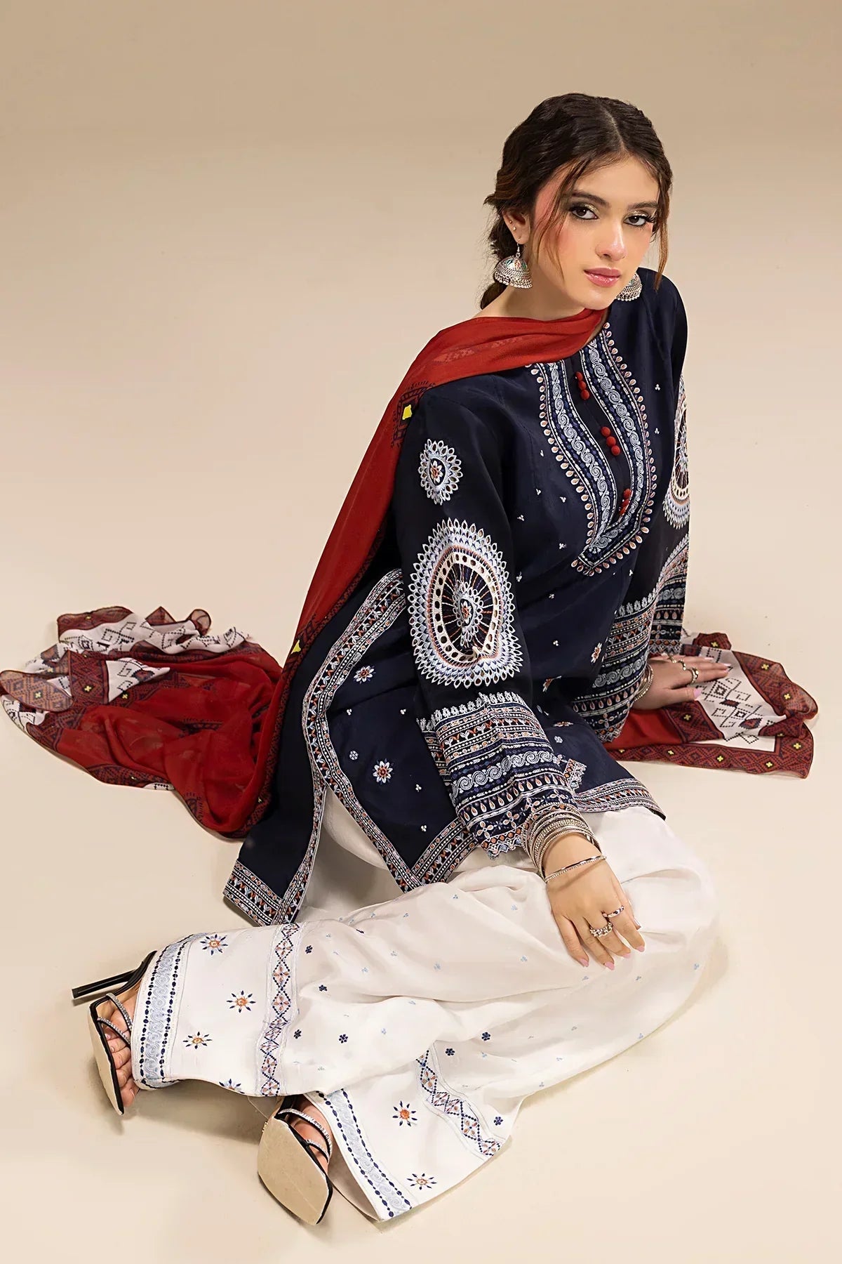 JAZMIN - 3PC DHANAK EMBROIDERED SHIRT WITH TWILL PRINTED SHAWL AND TROUSER