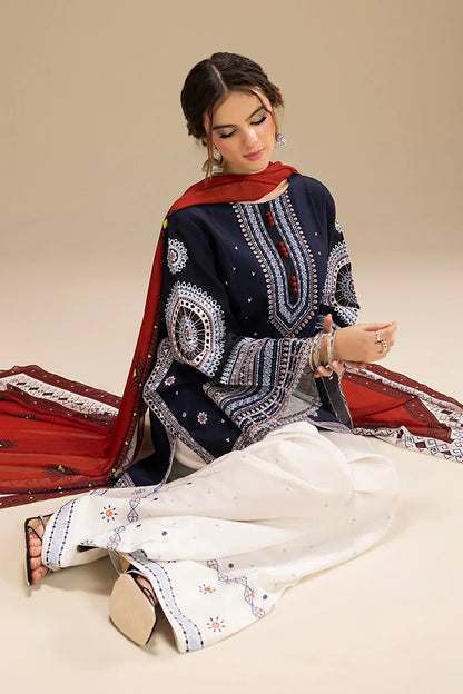 JAZMIN - 3PC DHANAK EMBROIDERED SHIRT WITH TWILL PRINTED SHAWL AND TROUSER