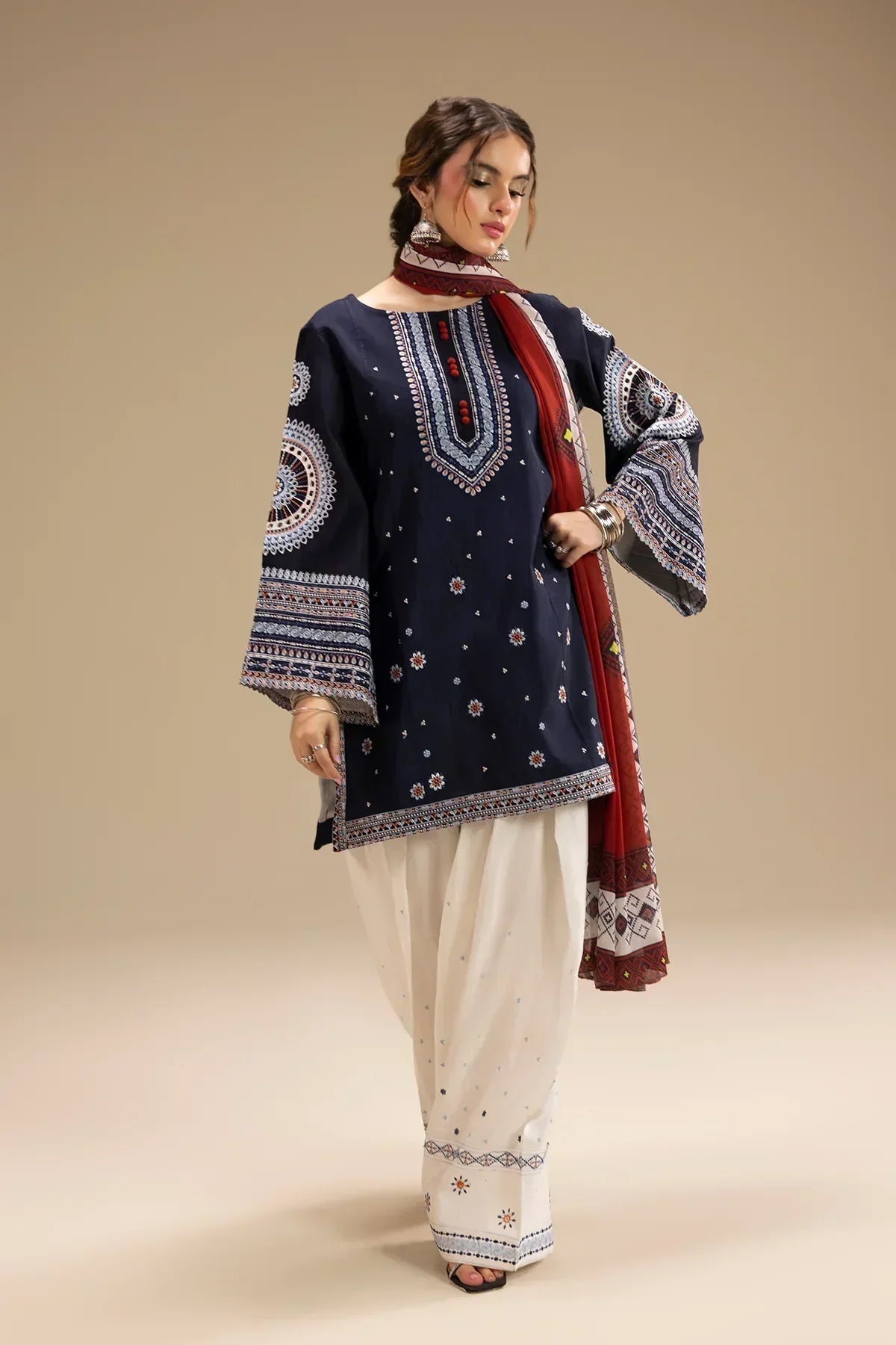 JAZMIN - 3PC DHANAK EMBROIDERED SHIRT WITH TWILL PRINTED SHAWL AND TROUSER