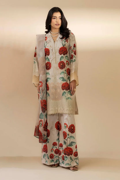 Unstitched Rose printed Chikankari Embroidered Lawn 3 Piece Suit