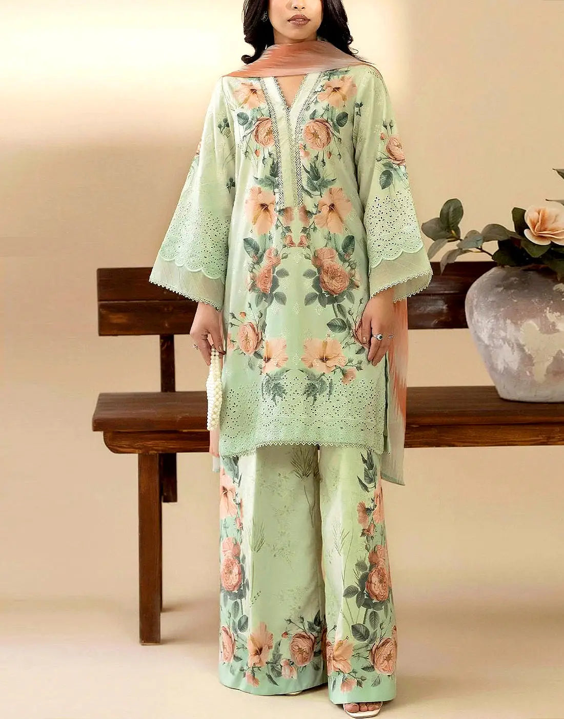 Digital Print Schiffli Embroidered Lawn Suit for Girls with Printed